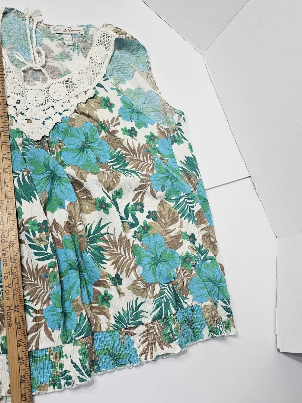 French Laundry Woman 14/16 Blue Tropical Floral Crochet Lace Tank Top Y2K Boho - Picture 10 of 10